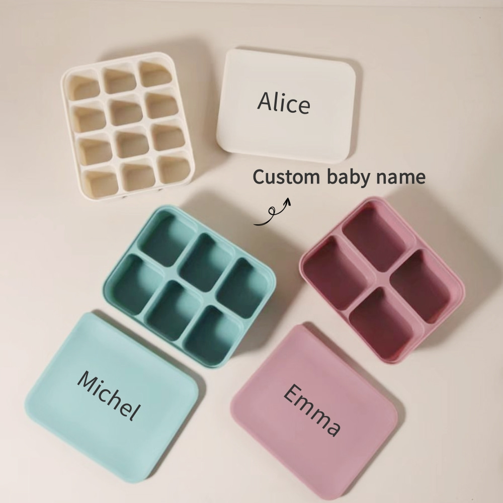 Baby Food Jars - 名前入りベビーフードフリーザートレイ、12セルBPAフリーシリコン製アイスキューブ型、自家製ベビーフード＆ピューレ用