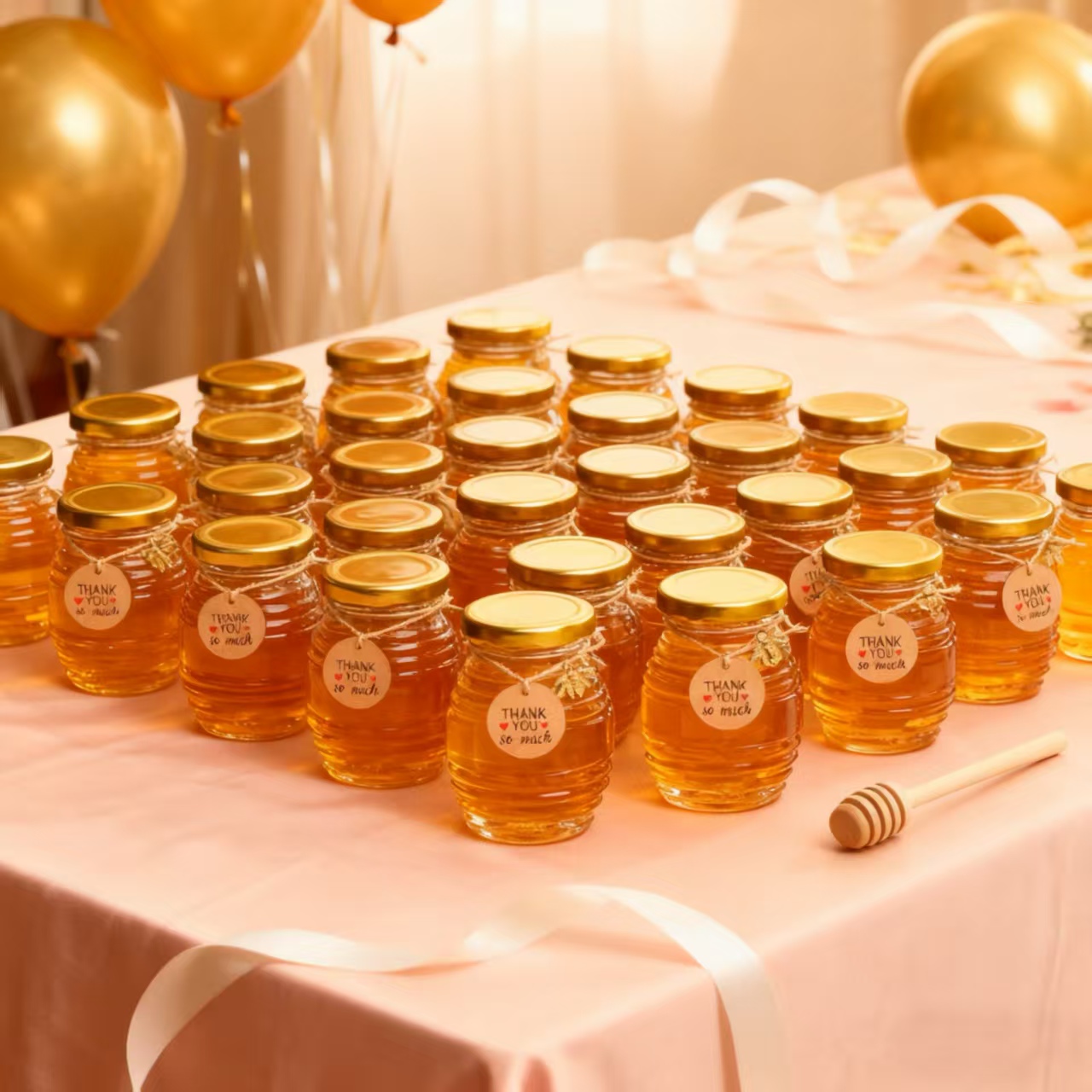 Baby Food Glass Jars - 12/24/36個入り- 70ml、ミニガラス製ハニーポットセット、丸型ガラス製ハニーポット、金色の蓋付きガラス製密封ポット、金色の蜂の置物、木製ディッパースティック、麻ひも、サンキューカード付き、ベビーシャワー、結婚式、誕生日パーティーのギフトに最適
