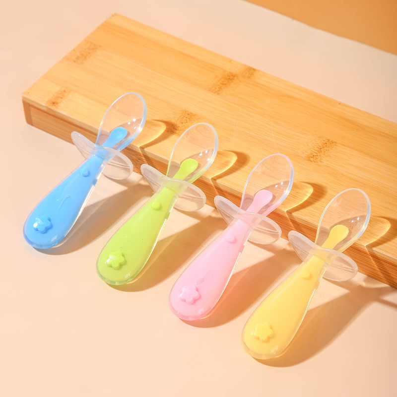 Baby Food Utensil - ベビーシリコンスプーン、ベビーライスペーストフィーディング、ソフトヘッドスープスプーン、トレーニングスプーン、子供用シールドシリコンショートスプーン