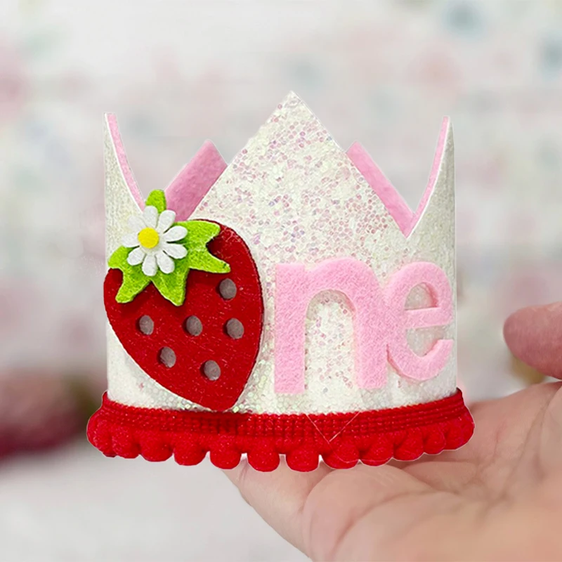 Baby Food Year Old - ピンクのイチゴの王冠の誕生日帽子 1 歳の赤ちゃんの誕生日パーティー帽子プリンセスクラウンヘッドバンドベビーシャワーパーティー装飾用品