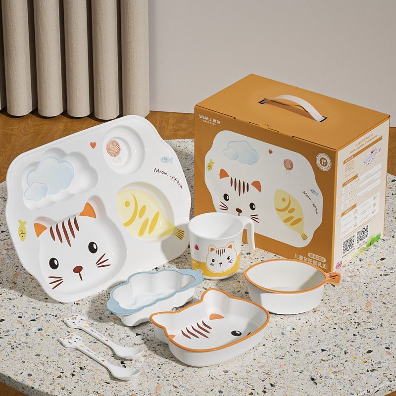 Baby Food Kitten - 漫画の子猫の子供用食器ギフトボックスセット、子供用の特別な仕切り付きプレート、かわいいベビーフードボウル、スプーン、カップ