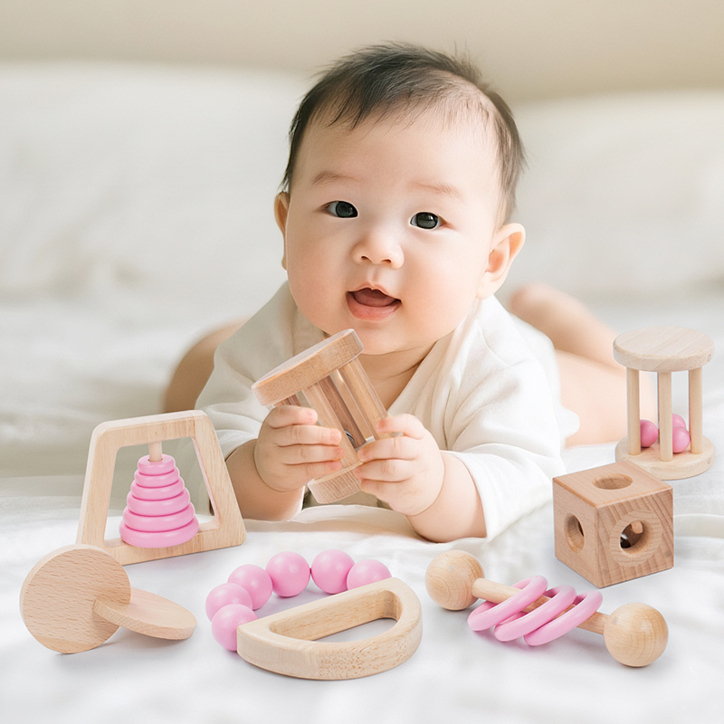 モンテッソーリ木のおもちゃカラフルなベビーガラガラセット安全 - Baby Food Under 1 Year のレビューと価格